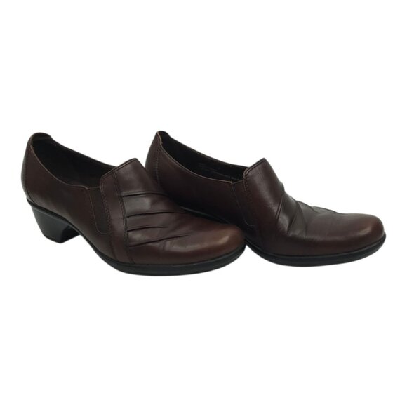 Clarks Partridge Block Heel Shoes Womens Size 9 Comfort Brown Leather Slip On - Picture 2 of 16